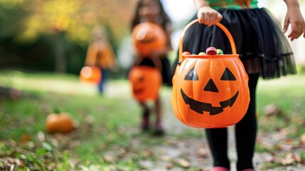 Obraz premium Spooky Halloween Night: Children Trick-or-Treating with Jack-o'-Lantern Candy Buckets. Festive 4K Wallpaper Capturing the Eerie Atmosphere and Youthful Excitement of Halloween Traditions. Perfect for 