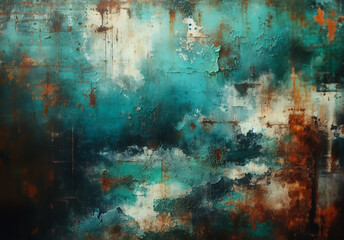 Farbige Metallwand, Hintergrund oder Textur, Rosteffekt, grün, türkis und rost