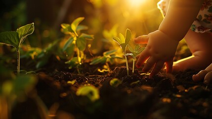 Fototapeta premium Infant build adding from the rich soil to the light of the early morning hours