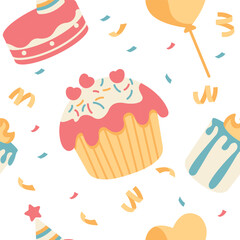 Cute Birthday Cake Cupcake Seamless Pattern Motif Confetti Decoration Vector Illustration