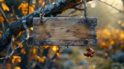 Light Wood Blank Signboard Hanging on a Dead Branch mockup 