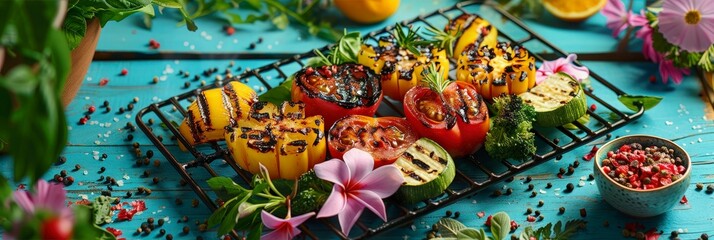 Grilled Vegetables with Herbs and Spices on a Blue Wooden Table.