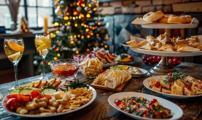 Obraz premium Festive Christmas Feast: Lavish Holiday Table Adorned with Delectable Treats and Seasonal Delights. Enchanting 4K Wallpaper Showcasing a Bountiful Spread of Traditional Foods, Snacks, and Decorations 