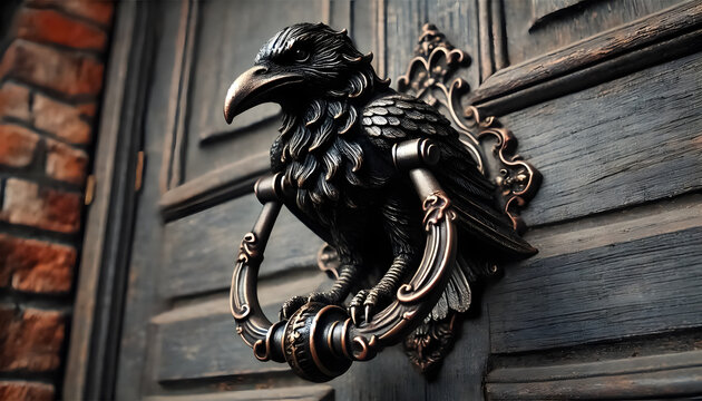 vintage-style door knocker with an eerie raven perched on top