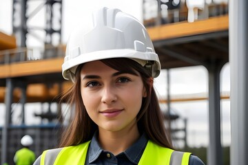 Portrait headshotShot of a young woman wearing a hardhat at work. construction worker, tradeswoman, oil rig worker,  helmet, industry, labor, job, profession, safety, engineer, site, project, builder