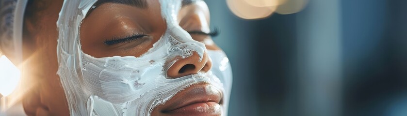 Relaxed Woman Enjoying a Rejuvenating Facial Treatment with a Cream Mask in a Spa Setting