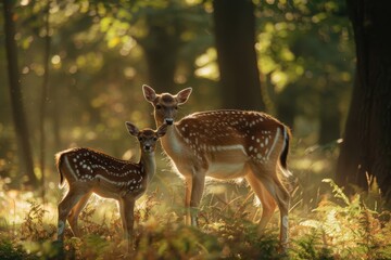 Fototapeta premium A serene picture of a fallow deer doe and her fawn in a sun-dappled forest clearing