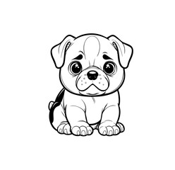 Adorable sad Bulldog puppy sitting with big, expressive eyes and floppy ears for children books, posters, stickers, educational materials. Cute cartoon animal outline. Vector illustration