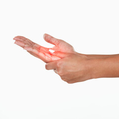 Hands, palm and pain with red glow in studio on white background for muscle pain or injury. Person, tension and isolated with arthritis or ache for healthcare, medical and pressure or discomfort