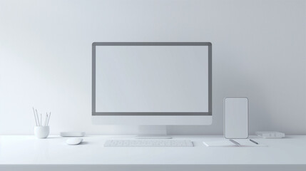 Fototapeta premium laptop on the wall, A desk with a clean white mouse, a white keyboard, a slim monitor on a white monitor stand, and a single pen and notepad,