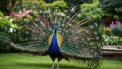 Obraz premium A magnificent peacock with its vibrant iridescent tail