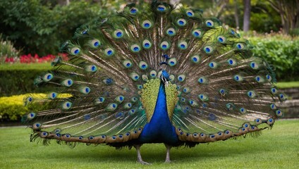 Obraz premium A magnificent peacock with its vibrant iridescent tail