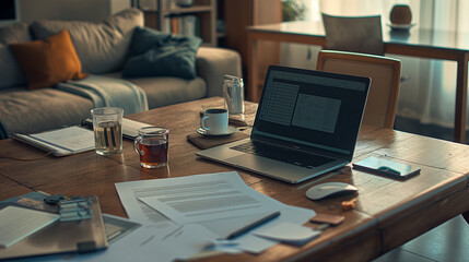 A remote work setup on a dining table with a laptop, a mouse, an keyboard, a smartphone, a cup of tea, and some papers,