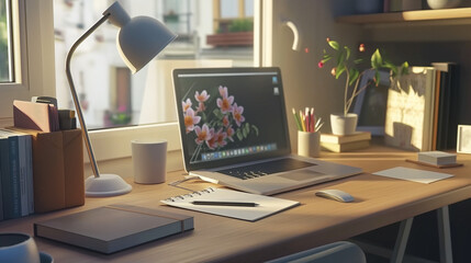 desk with computer, A with a laptop, a mouse and keyboard, textbooks, notebooks, and, all arranged on a simple desk with a cozy study lamp