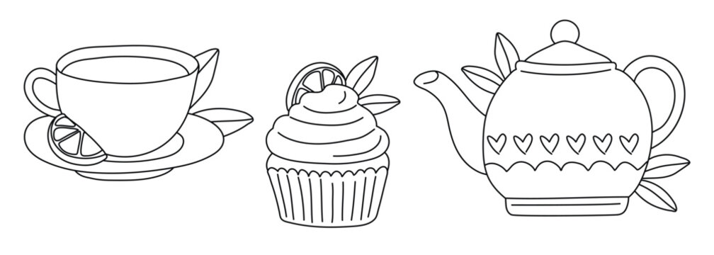 Hand drawn doodle cupcake, kettle, tea cup set with lemon slice isolated on white background