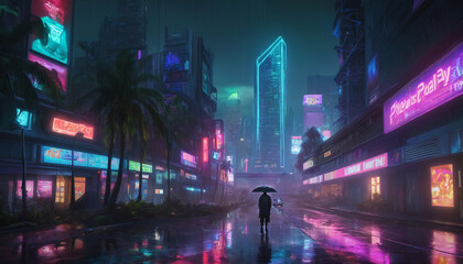 cyberpunk city street at night with neon lights