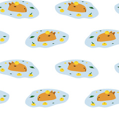 Seamless pattern with cute cartoon capybara illustration. South America fauna.
