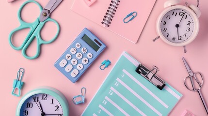 Vibrant and minimalist flat lay of pastel-themed school supplies on pink.