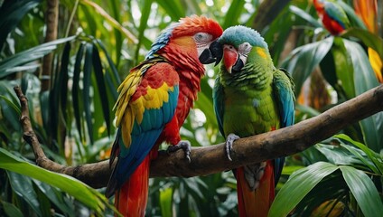 A pair of colorful parrots