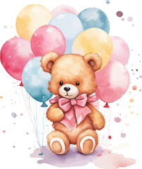 Cute Teddy Bear With Balloons Watercolor Vector Illustration.