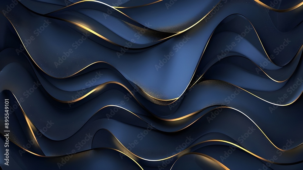 Wall mural contemporary abstract dark blue curve shape with golden lines on a dark background. layers of curved