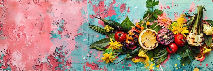 Grilled Vegetables and Flowers on a Colorful Background.