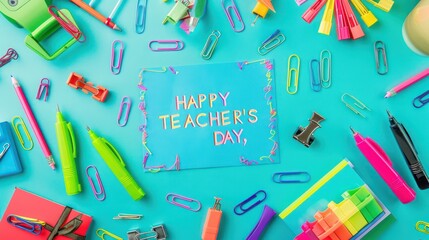 A turquoise background with a note that reads "HAPPY TEACHER'S DAY" surrounded by a rainbow of highlighters staplers and paper clips