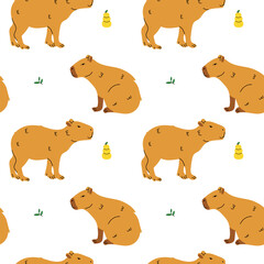 Fototapeta premium Seamless pattern with cute cartoon capybara illustration. South America fauna.
