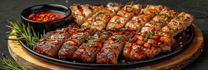 Grilled Teriyaki Pork Skewers with Sesame Seeds and Green Onions.