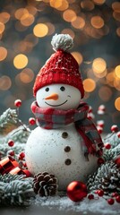 Snowman with Christmas Decorations and Bokeh Lights.