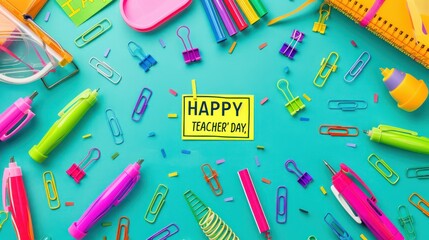 A turquoise background with a note that reads "HAPPY TEACHER'S DAY" surrounded by a rainbow of highlighters staplers and paper clips