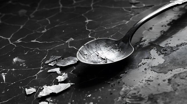 On a table is a tablespoon with a fractured manipulate