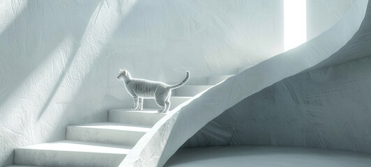 Graceful feline walking along a modern, spiral staircase, generative AI