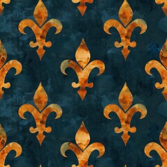 Watercolor deep teal and burnt orange Fleur-de-lis seamless repeating pattern, minimal pattern, high contrasty 