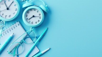 Pastel blue background with turquoise pens and an alarm clock, space for text on top, designed for aesthetic flat lay photography.