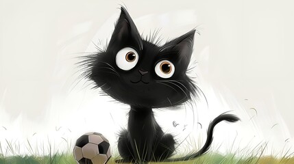 Playful Feline with Soccer Ball: A whimsical black cat with wide, curious eyes sits playfully beside a soccer ball, its tail curled in anticipation. 