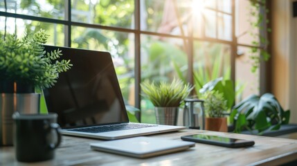 Laptop on a Desk with Plants and a Window View