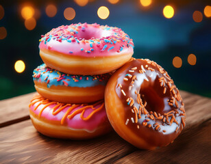 Donuts on a wooden table with bokeh lights background.
