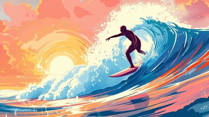 A surfer riding a wave against a stunning sunset backdrop.