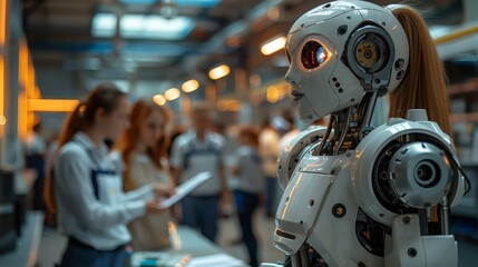 Fototapeta premium Group of engineers testing a robot's movements in a lab setting.