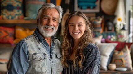 Obraz premium An elderly gentleman with a beard and a young woman standing side by side, both smiling warmly. They are in a cozy, colorful room filled with various textiles and home decorations.
