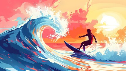 A surfer riding a wave against a stunning sunset backdrop.