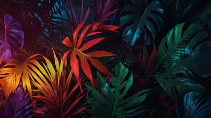 Fototapeta premium Fluorescent Botanical Art: Tropical Leaves Illuminated by Neon Triangle