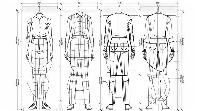 Detailed Sewing Pattern Drawings for Fashion Design and Crafting