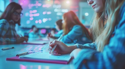 Students engaged in a brainstorming session in a classroom environment.