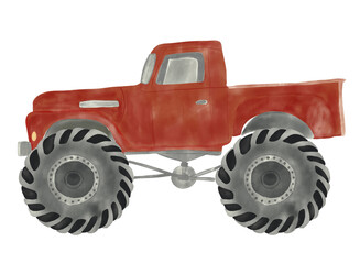 Hand-drawn watercolor illustration of a red monster truck isolated on a white background. © beyouenked