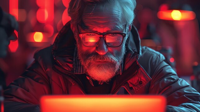 A senior man adjusting the screen brightness on a glowing laptop in a dimly lit room with red lighting.