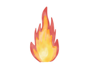 Hand-drawn watercolor illustration of burning fire isolated on a white background.