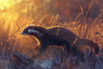 A striking European polecat prowling through a meadow at dusk