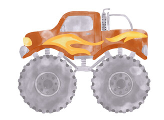 Hand-drawn watercolor illustration of a red monster truck isolated on a white background. © beyouenked